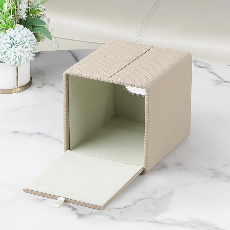 Cretkhp Tissue Box Cover Square with Magnetic Closure, PU Leather Tissue Box Holder for Bathroom NightStands Livingroom, Decorative Modern Square Tissue Holder (Beige) - Image 3